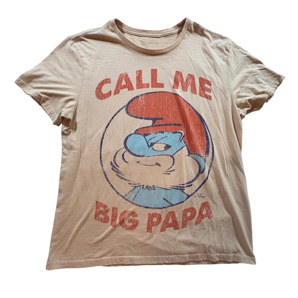 Smurfs Papa Smurf Graphic T-Shirt Mens Large Tan Call Me Big Papa Funny Tee